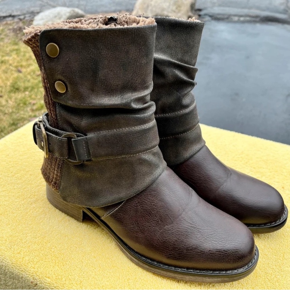 Muk Luks Brown Mixed-Material Ankle Boots with Buckle